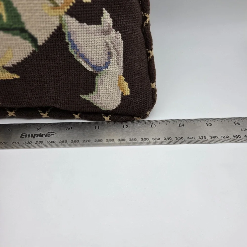 Vintage Needlepoint Brown Lilly Floral Throw Pillow Grandmacore Cottagecore